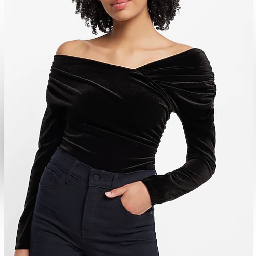 Express body contour velvet off the shoulder wrap bodysuit